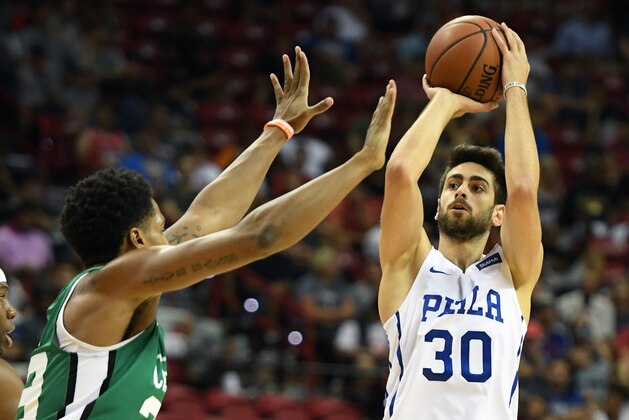 LAS VEGAS, NV - JULY 06:  Furkan Korkmaz #30 of the Philadelphia 76ers shoots against the Boston Celtics during the 2018 NBA Summer League at the Thomas & Mack Center on July 6, 2018 in Las Vegas, Nevada. The Celtics defeated the 76ers 69-63. NOTE TO USER: User expressly acknowledges and agrees that, by downloading and or using this photograph, User is consenting to the terms and conditions of the Getty Images License Agreement.  (Photo by Ethan Miller/Getty Images)