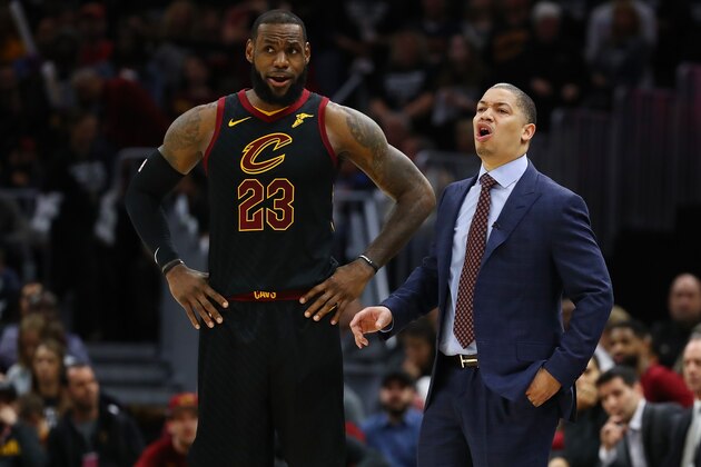 CLEVELAND, OH - APRIL 29: LeBron James #23 of the Cleveland Cavaliers and head coach Tyronn Lue talk while playing the Indiana Pacers in Game Seven of the Eastern Conference Quarterfinals during the 2018 NBA Playoffs at Quicken Loans Arena on April 29, 2018 in Cleveland, Ohio. NOTE TO USER: User expressly acknowledges and agrees that, by downloading and or using this photograph, User is consenting to the terms and conditions of the Getty Images License Agreement. (Photo by Gregory Shamus/Getty Images)