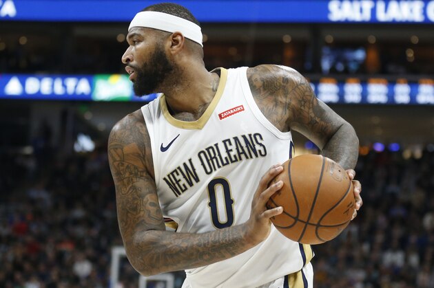 New Orleans Pelicans center DeMarcus Cousins (0) looks to pass the ball against the Utah Jazz in the first half during an NBA basketball game Wednesday, Jan. 3, 2018, in Salt Lake City. (AP Photo/Rick Bowmer)