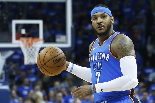 Oklahoma City Thunder forward Carmelo Anthony (7) during Game 5 of an NBA basketball first-round playoff series between the Utah Jazz and the Oklahoma City Thunder in Oklahoma City, Wednesday, April 25, 2018. (AP Photo/Sue Ogrocki)