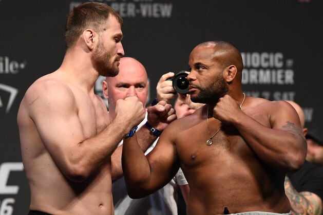 LAS VEGAS, NV - JULY 06:  (L-R) Opponents Stipe Miocic and Daniel Cormier face off during the UFC 226 weigh-in inside T-Mobile Arena on July 6, 2018 in Las Vegas, Nevada. (Photo by Josh Hedges/Zuffa LLC/Zuffa LLC via Getty Images)