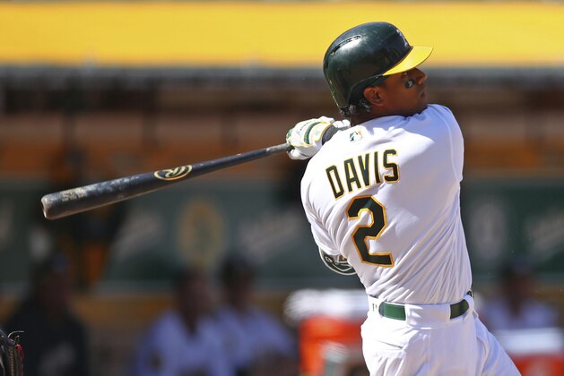 FILE - In this Thursday, March 29, 2018, file photo, Oakland Athletics' Khris Davis hits a three-run home run off Los Angeles Angels' Garrett Richards during the fifth inning of a baseball game in Oakland, Calif. The percentage of black players from the United States and Canada on opening-day active rosters has risen to its highest level since at least 2012. Major League Baseball attributed the increase at least partly to its efforts to increase baseball youth participation with programs that include Urban Youth Academies and Reviving Baseball in Inner Cities (RBI). Davis played for an Urban Youth Academy team. (AP Photo/Ben Margot, File)