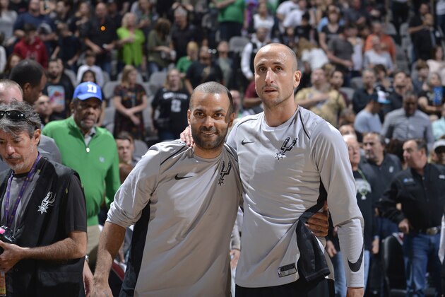 SAN ANTONIO, TX - MARCH 17: Manu Ginobili #20 and Tony Parker #9 of the San Antonio Spurs before the game against the Minnesota Timberwolves on March 17, 2018 at the AT&T Center in San Antonio, Texas. NOTE TO USER: User expressly acknowledges and agrees that, by downloading and/or using this photograph, user is consenting to the terms and conditions of the Getty Images License Agreement. Mandatory Copyright Notice: Copyright 2018 NBAE (Photos by Mark Sobhani/NBAE via Getty Images)