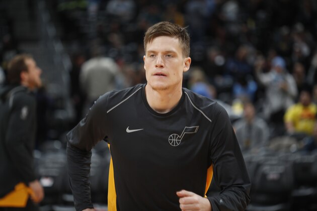 Utah Jazz forward Jonas Jerebko (8) in the first half of an NBA basketball game Tuesday, Dec. 26, 2017, in Denver. (AP Photo/David Zalubowski)