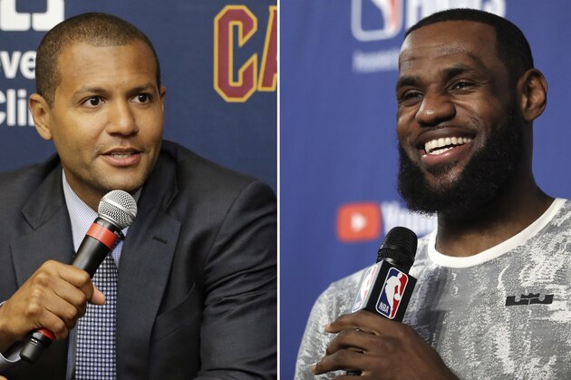 FILE - At left, in a Sept. 7, 2017, file photo, Cleveland Cavaliers general manager Koby Altman speaks during a news conference at the NBA basketball teams practice facility, in Independence, Ohio. At right, in a June 7, 2018, file photo, Cleveland Cavaliers forward LeBron James takes questions at a press conference in Cleveland. With one deadline looming on his future in Cleveland, LeBron James has been in contact with the Cavaliers through his representatives. Following the NBA draft on Thursday night, June 21, 2018,  Cavs general manager Koby Altman said he has had positive discussions with the three-time champion’s group. James has until June 29 to tell the team if he will pick up his $35.6 million option for next season or become a free agent. (AP Photo/File)