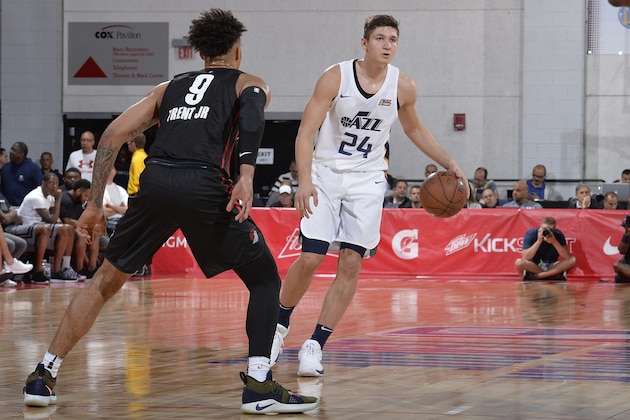 LAS VEGAS, NV - JULY 7: Grayson Allen #24 of the Utah Jazz handles the ball against the Portland Trail Blazers during the 2018 Las Vegas Summer League on July 7, 2018 at the Cox Pavilion in Las Vegas, Nevada. NOTE TO USER: User expressly acknowledges and agrees that, by downloading and/or using this Photograph, user is consenting to the terms and conditions of the Getty Images License Agreement. Mandatory Copyright Notice: Copyright 2018 NBAE (Photo by David Dow/NBAE via Getty Images)