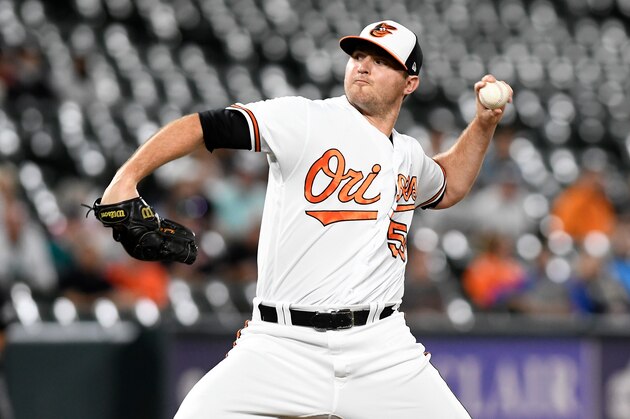 BALTIMORE, MD - JUNE 27:  Zach Britton #53 of the Baltimore Orioles pitches against the Seattle Mariners at Oriole Park at Camden Yards on June 27, 2018 in Baltimore, Maryland.  (Photo by G Fiume/Getty Images)