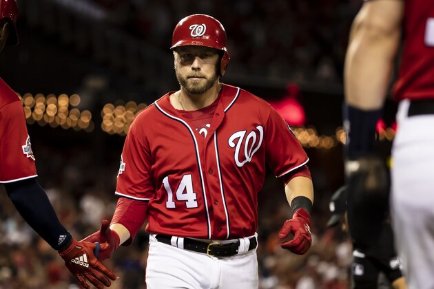 WASHINGTON, DC - JULY 07: Mark Reynolds #14 of the Washington Nationals hits a three run home run against the Miami Marlins during the sixth inning at Nationals Park on July 07, 2018 in Washington, DC.  (Photo by Scott Taetsch/Getty Images)