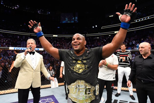 LAS VEGAS, NV - JULY 07:  Daniel Cormier celebrates his victory over Stipe Miocic in their UFC heavyweight championship fight during the UFC 226 event inside T-Mobile Arena on July 7, 2018 in Las Vegas, Nevada.  (Photo by Josh Hedges/Zuffa LLC/Zuffa LLC via Getty Images)