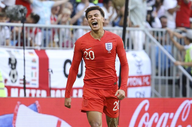 SAMARA, RUSSIA - JULY 7: Dele Alli of England celebrates his goal during the 2018 FIFA World Cup Russia Quarter Final match between Sweden and England at Samara Arena on July 7, 2018 in Samara, Russia. (Photo by Jean Catuffe/Getty Images)