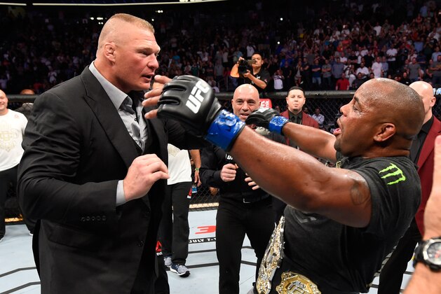 LAS VEGAS, NV - JULY 07:  Daniel Cormier confronts Brock Lesnar after his UFC heavyweight championship fight during the UFC 226 event inside T-Mobile Arena on July 7, 2018 in Las Vegas, Nevada.  (Photo by Josh Hedges/Zuffa LLC/Zuffa LLC via Getty Images)