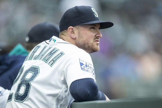 SEATTLE, WA - SEPTEMBER 9: Mike Marjama #28 of the Seattle Mariners stands in the dugout before a game against the Los Angeles Angels of Anaheim at Safeco Field on September 9, 2017 in Seattle, Washington. The Mariners won the game 8-1. (Photo by Stephen Brashear/Getty Images)