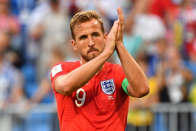 England's forward Harry Kane applauds at the end of the Russia 2018 World Cup quarter-final football match between Sweden and England at the Samara Arena in Samara on July 7, 2018. (Photo by Yuri CORTEZ / AFP) / RESTRICTED TO EDITORIAL USE - NO MOBILE PUSH ALERTS/DOWNLOADS        (Photo credit should read YURI CORTEZ/AFP/Getty Images)
