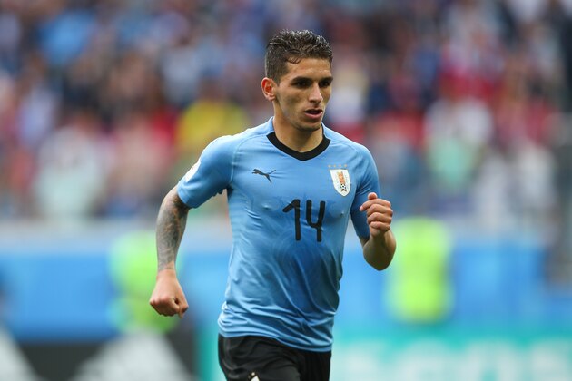 NIZHNY NOVGOROD, RUSSIA - JULY 06:   Lucas Torreira of Uruguay in action during the 2018 FIFA World Cup Russia Quarter Final match between Uruguay and France at Nizhny Novgorod Stadium on July 6, 2018 in Nizhny Novgorod, Russia. (Photo by Robbie Jay Barratt - AMA/Getty Images)