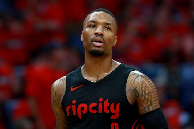 NEW ORLEANS, LA - APRIL 19:  Damian Lillard #0 of the Portland Trail Blazers stands on the court during Game 3 of the Western Conference playoffs against the New Orleans Pelicans at the Smoothie King Center on April 19, 2018 in New Orleans, Louisiana. NOTE TO USER: User expressly acknowledges and agrees that, by downloading and or using this photograph, User is consenting to the terms and conditions of the Getty Images License Agreement.  (Photo by Sean Gardner/Getty Images)