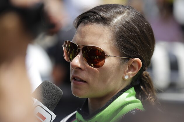Danica Patrick is interviewed following her release from the infield hospital after being checked following a crash in the Indianapolis 500 auto race at Indianapolis Motor Speedway in Indianapolis Sunday, May 27, 2018. (AP Photo/Darron Cummings)