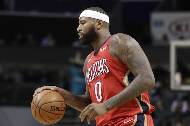 New Orleans Pelicans' DeMarcus Cousins (0) drives against the Charlotte Hornets during the second half of an NBA basketball game in Charlotte, N.C., Wednesday, Jan. 24, 2018. (AP Photo/Chuck Burton)
