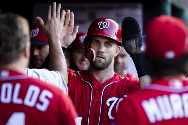 WASHINGTON, DC - JULY 07: Bryce Harper #34 of the Washington Nationals celebrates after scoring during the second inning at Nationals Park on July 07, 2018 in Washington, DC.  (Photo by Scott Taetsch/Getty Images)
