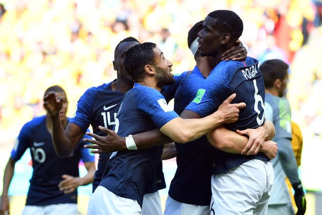 TOPSHOT - France's midfielder Paul Pogba (R) celebrates with teammates after scoring their second goal during the Russia 2018 World Cup Group C football match between France and Australia at the Kazan Arena in Kazan on June 16, 2018. (Photo by SAEED KHAN / AFP) / RESTRICTED TO EDITORIAL USE - NO MOBILE PUSH ALERTS/DOWNLOADS        (Photo credit should read SAEED KHAN/AFP/Getty Images)