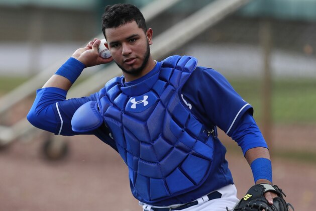 Los Angeles Dodgers non-roster invitee catcher Keibert Ruiz participates in a drill at the team's spring training baseball facility Monday, Feb. 19, 2018, in Glendale, Ariz. (AP Photo/Carlos Osorio)