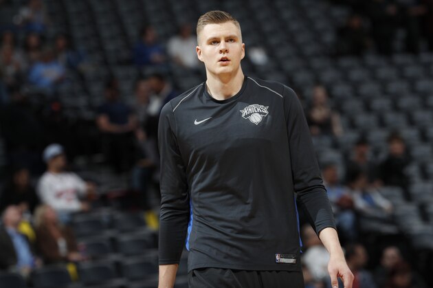 New York Knicks forward Kristaps Porzingis (6) in the first half of an NBA basketball game Thursday, Jan. 25, 2018, in Denver. (AP Photo/David Zalubowski)