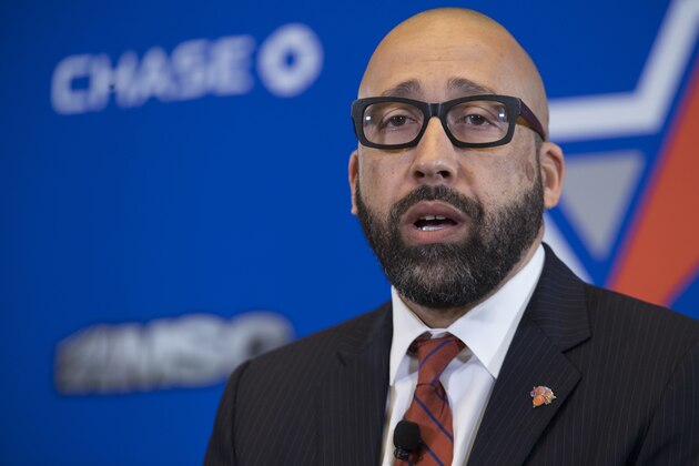 New York Knicks NBA basketball team new head coach David Fizdale speaks during an introductory news conference, Tuesday, May 8, 2018, in New York. The Knicks announced the hiring Monday after agreeing to terms with the former Memphis Grizzlies coach last week.  (AP Photo/Mary Altaffer)
