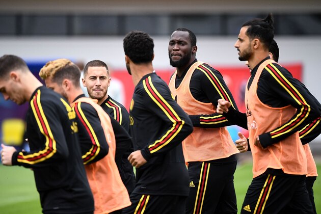 Belgium's forward Eden Hazard (L) and Belgium's forward Romelu Lukaku run during a training session at the Guchkovo Stadium in Dedovsk, outside Moscow, on July 9, 2018, on the eve of their Russia 2018 World Cup semi-final football match against France. (Photo by FRANCK FIFE / AFP)        (Photo credit should read FRANCK FIFE/AFP/Getty Images)