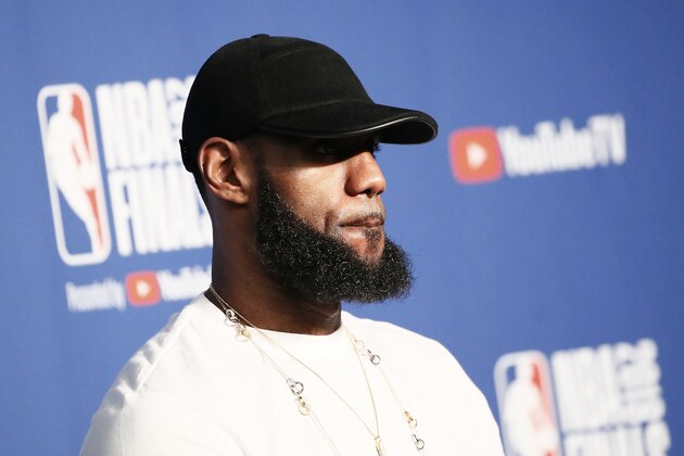 CLEVELAND, CA - JUN 8:  LeBron James #23 of the Cleveland Cavaliers talks to the media after being defeated by the Golden State Warriors in Game Four of the 2018 NBA Finals won 108-85 by the Golden State Warriors over the Cleveland Cavaliers at the Quicken Loans Arena on June 6, 2018 in Cleveland, Ohio. NOTE TO USER: User expressly acknowledges and agrees that, by downloading and or using this photograph, User is consenting to the terms and conditions of the Getty Images License Agreement. Mandatory Copyright Notice: Copyright 2018 NBAE (Photo by Chris Elise/NBAE via Getty Images)