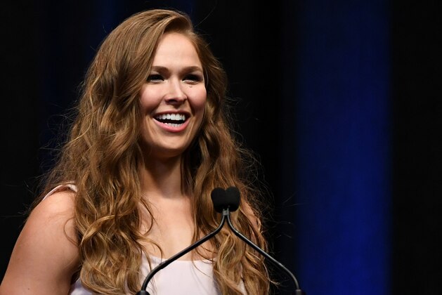 LAS VEGAS, NV - JULY 05:  Ronda Rousey speaks as she becomes the first female inducted into the UFC Hall of Fame at The Pearl concert theater at Palms Casino Resort on July 5, 2018 in Las Vegas, Nevada.  (Photo by Ethan Miller/Getty Images)