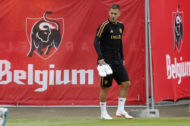 Belgium's Eden Hazard arrives for a training session on the eve of the semifinal against France at the 2018 soccer World Cup in Moscow, Russia, Monday, July 9, 2018. (AP Photo/Alexander Zemlianichenko)