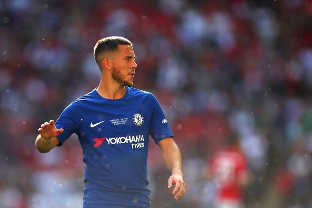 LONDON, ENGLAND - MAY 19:  Eden Hazard of Chelsea looks on during the Emirates FA Cup Final between Chelsea and Manchester United at Wembley Stadium on May 19, 2018 in London, England. (Photo by Robbie Jay Barratt - AMA/Getty Images)
