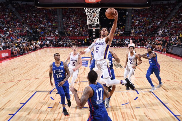 LAS VEGAS, NV - JULY 7: Josh Hart #5 of the Los Angeles Lakers goes to the basket against the Philadelphia 76ers during the 2018 Las Vegas Summer League on July 7, 2018 at the Thomas & Mack Center in Las Vegas, Nevada. NOTE TO USER: User expressly acknowledges and agrees that, by downloading and/or using this Photograph, user is consenting to the terms and conditions of the Getty Images License Agreement. Mandatory Copyright Notice: Copyright 2018 NBAE (Photo by Garrett Ellwood/NBAE via Getty Images)