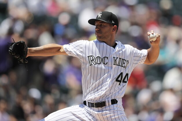 Colorado Rockies starting pitcher Tyler Anderson delivers a pitch to Miami Marlins' Starlin Castro in the first inning of a baseball game Saturday, June 23, 2018, in Denver. (AP Photo/David Zalubowski)