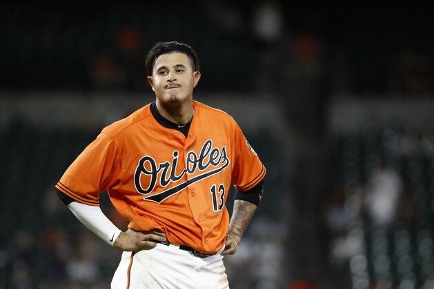 Baltimore Orioles' Manny Machado reacts after grounding out to end the eighth inning of the second baseball game of a doubleheader against the New York Yankees, Monday, July 9, 2018, in Baltimore. New York won 10-2. (AP Photo/Patrick Semansky)