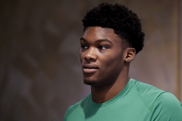 Boston Celtics draft pick Robert Williams at the team's training facility in Boston, Tuesday, July 3, 2018. (AP Photo/Charles Krupa)