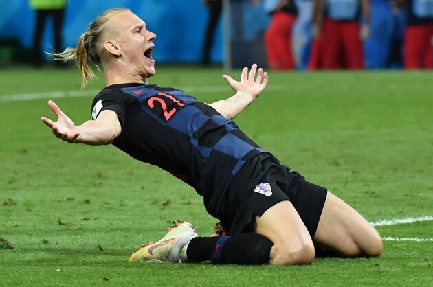 TOPSHOT - Croatia's defender Domagoj Vida (R) and Croatia's defender Josip Pivaric celebrate their winning penalty during the Russia 2018 World Cup quarter-final football match between Russia and Croatia at the Fisht Stadium in Sochi on July 7, 2018. (Photo by Nelson Almeida / AFP) / RESTRICTED TO EDITORIAL USE - NO MOBILE PUSH ALERTS/DOWNLOADS        (Photo credit should read NELSON ALMEIDA/AFP/Getty Images)
