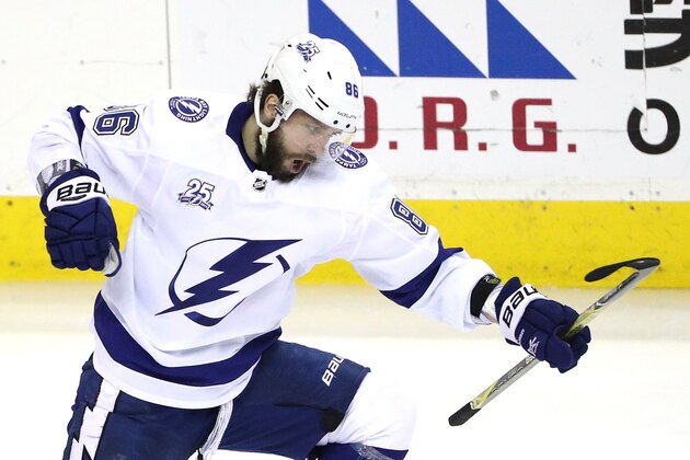 WASHINGTON, DC - MAY 15:  Nikita Kucherov #86 of the Tampa Bay Lightning celebrates after scoring a goal on Braden Holtby #70 of the Washington Capitals during the second period in Game Three of the Eastern Conference Finals during the 2018 NHL Stanley Cup Playoffs at Capital One Arena on May 15, 2018 in Washington, DC.  (Photo by Patrick Smith/Getty Images)