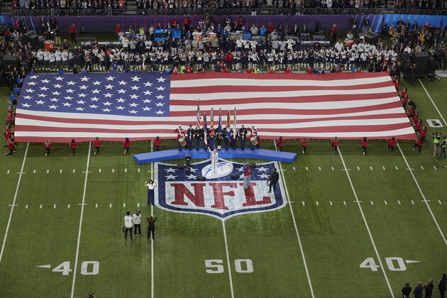 Singer Pink performs the national anthem during the pregame of the NFL Super Bowl 52 football game Sunday, Feb. 4, 2018, in Minneapolis. (AP Photo/Adam Bettcher) Singer Pink performs the national anthem during the pregame of the NFL Super Bowl 52 football game Sunday, Feb. 4, 2018, in Minneapolis. (AP Photo/Adam Bettcher)