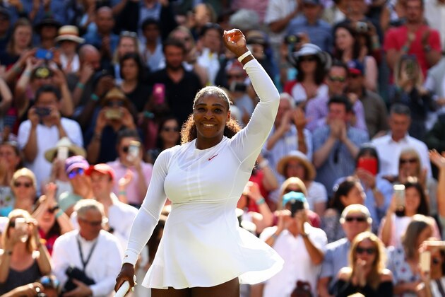 LONDON, ENGLAND - JULY 10:  Serena Williams of the United States celebrates winning her Ladies' Singles Quarter-Finals match against Camila Giorgi of Italy on day eight of the Wimbledon Lawn Tennis Championships at All England Lawn Tennis and Croquet Club on July 10, 2018 in London, England.  (Photo by Michael Steele/Getty Images)