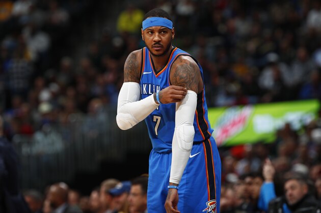 Oklahoma City Thunder forward Carmelo Anthony (7) in the second half of an NBA basketball game Thursday, Nov. 9, 2017, in Denver. The Nuggets won 102-94. (AP Photo/David Zalubowski)