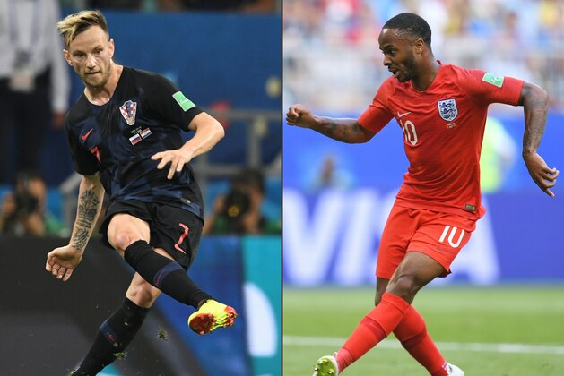 (COMBO) This combination of pictures created on July 09, 2018 shows Croatia's midfielder Ivan Rakitic (L) in Sochi on July 7, 2018, and England's forward Raheem Sterling (R) in Samara on July 7, 2018. - Croatia, who have advanced to their first World Cup semi-final since 1998, will face England, who in turn will be playing in their first semi-final since 1990, in Moscow on Wednesday. (Photos by Kirill KUDRYAVTSEV and Manan VATSYAYANA / AFP) / RESTRICTED TO EDITORIAL USE - NO MOBILE PUSH ALERTS/DOWNLOADS

RESTRICTED TO EDITORIAL USE - NO MOBILE PUSH ALERTS/DOWNLOADS        (Photo credit should read KIRILL KUDRYAVTSEV,MANAN VATSYAYANA/AFP/Getty Images)