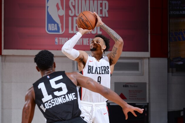 LAS VEGAS, NV - JULY 10: Gary Trent Jr. #9 of the Portland Trail Blazers shoots the ball against the San Antonio Spurs during the 2018 Las Vegas Summer League on July 10, 2018 at the Cox Pavilion in Las Vegas, Nevada. NOTE TO USER: User expressly acknowledges and agrees that, by downloading and/or using this photograph, user is consenting to the terms and conditions of the Getty Images License Agreement. Mandatory Copyright Notice: Copyright 2018 NBAE (Photo by Bart Young/NBAE via Getty Images)
