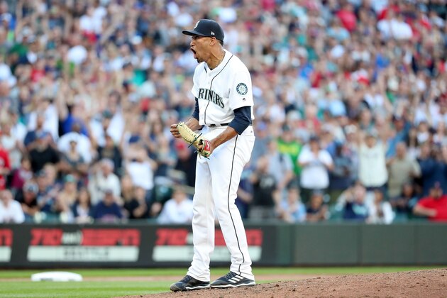 SEATTLE, WA - JUNE 16:  Edwin Diaz #39 of the Seattle Mariners celebrates after getting the final out of the game to defeat the Boston Red Sox 1-0 during their game at Safeco Field on June 16, 2018 in Seattle, Washington.  (Photo by Abbie Parr/Getty Images)