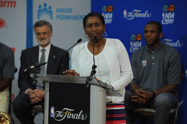 CLEVELAND, OH - JUNE 10: Michele Roberts, Executive Director of the NBPA speaks at the 2015 NBA Finals Cares Legacy Event as part of the 2015 NBA Finals on June 10, 2015 at the Boys & Girls Clubs of Cleveland in Cleveland, Ohio. NOTE TO USER: User expressly acknowledges and agrees that, by downloading and or using this photograph, User is consenting to the terms and conditions of the Getty Images License Agreement. Mandatory Copyright Notice: Copyright 2015 NBAE (Photo by Garrett W. Ellwood/NBAE via Getty Images)