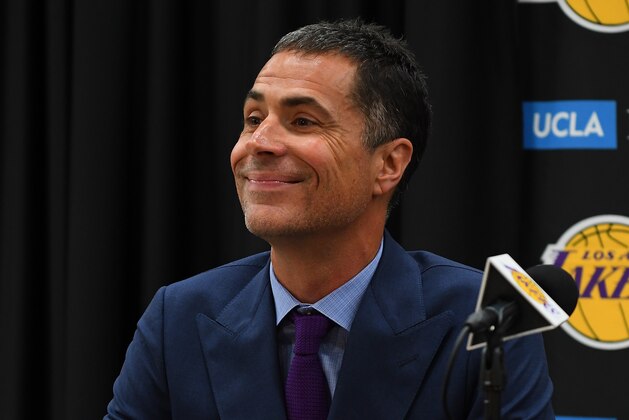 EL SEGUNDO, CA - JUNE 26:  General manager Rob Pelinka of the Los Angeles Lakers answers question from the media during a press conference to introduce the team's 2018 NBA draft picks at the UCLA Health Training Center on June 26, 2018 in El Segundo, California. TO USER: User expressly acknowledges and agrees that, by downloading and/or using this Photograph, User is consenting to the terms and conditions of the Getty Images License Agreement.  (Photo by Jayne Kamin-Oncea/Getty Images)