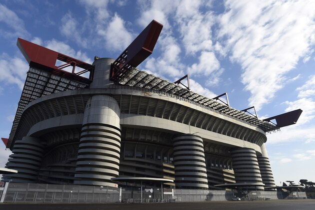A picture taken on February 7, 2017 shows the Stadio Giuseppe Meazza, commonly known as San Siro in Milan. 
San Siro is the home of A.C. Milan and Inter Milan football clubs.  / AFP PHOTO / MIGUEL MEDINA        (Photo credit should read MIGUEL MEDINA/AFP/Getty Images)