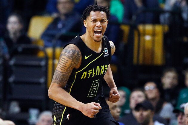 Atlanta Hawks' Damion Lee reacts after scoring during the fourth quarter of an NBA basketball game against the Boston Celtics in Boston, Sunday, April 8, 2018. The Hawks won 112-106. (AP Photo/Michael Dwyer)