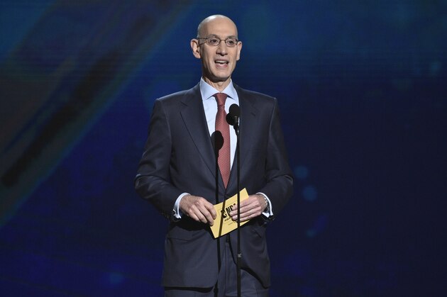NBA commissioner Adam Silver presents the most valuable player award at the NBA Awards on Monday, June 25, 2018, at the Barker Hangar in Santa Monica, Calif. (Photo by Chris Pizzello/Invision/AP)