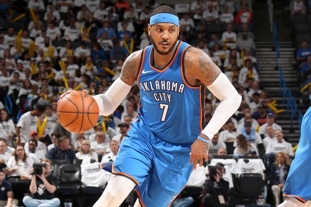OKLAHOMA CITY, OK - APRIL 25: Carmelo Anthony #7 of the Oklahoma City Thunder handles the ball against the Utah Jazz in Game Five of Round One of the 2018 NBA Playoffs on April 25, 2018 at Chesapeake Energy Arena in Oklahoma City, Oklahoma. NOTE TO USER: User expressly acknowledges and agrees that, by downloading and or using this photograph, User is consenting to the terms and conditions of the Getty Images License Agreement. Mandatory Copyright Notice: Copyright 2018 NBAE (Photo by Layne Murdoch/NBAE via Getty Images)
