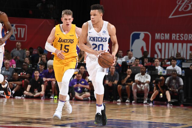 LAS VEAGS, NV - JULY 10: Kevin Knox #20 of the New York Knicks handles the ball against the Los Angeles Lakers during the 2018 Las Vegas Summer League on July 10, 2018 at the Thomas & Mack Center in Las Vegas, Nevada. NOTE TO USER: User expressly acknowledges and agrees that, by downloading and/or using this Photograph, user is consenting to the terms and conditions of the Getty Images License Agreement. Mandatory Copyright Notice: Copyright 2018 NBAE (Photo by Garrett Ellwood/NBAE via Getty Images)